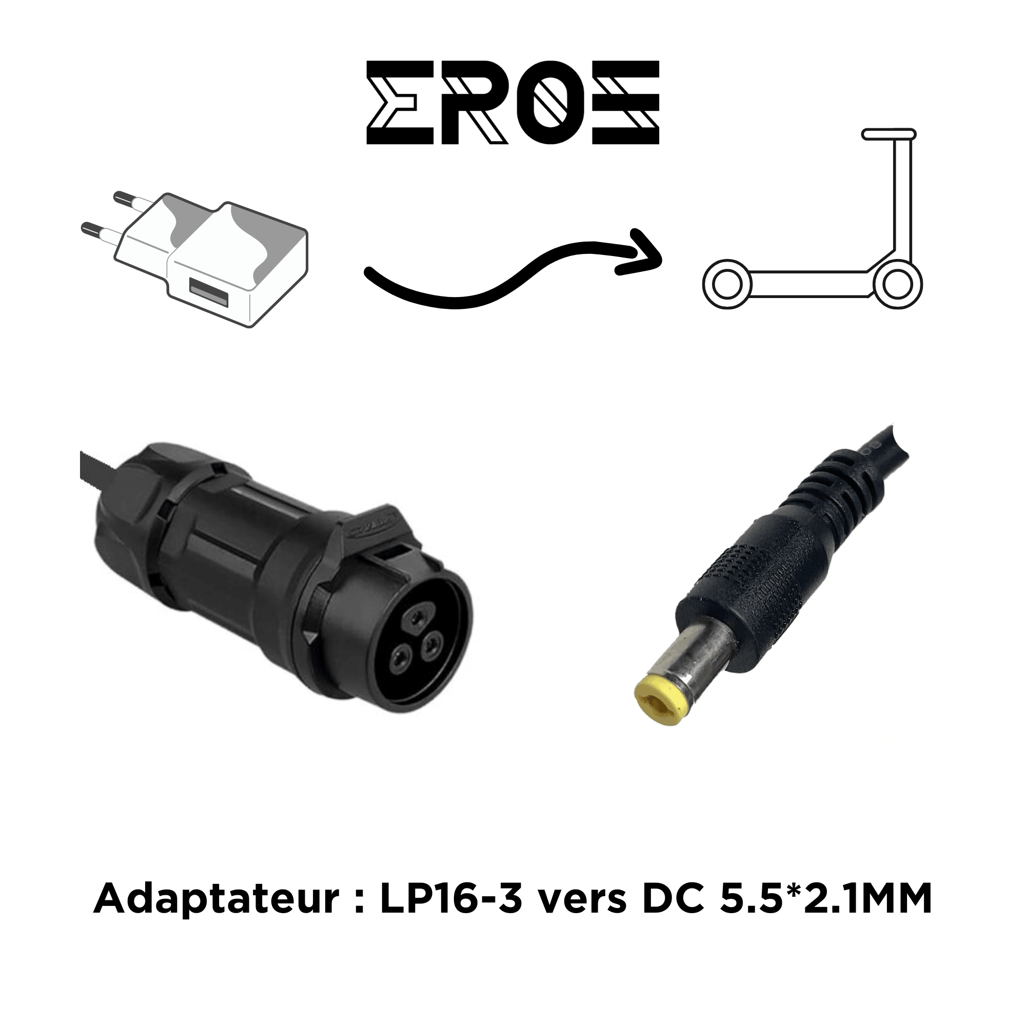adaptateur chargeur lp16-3 vers dc 5,5 2,1mm