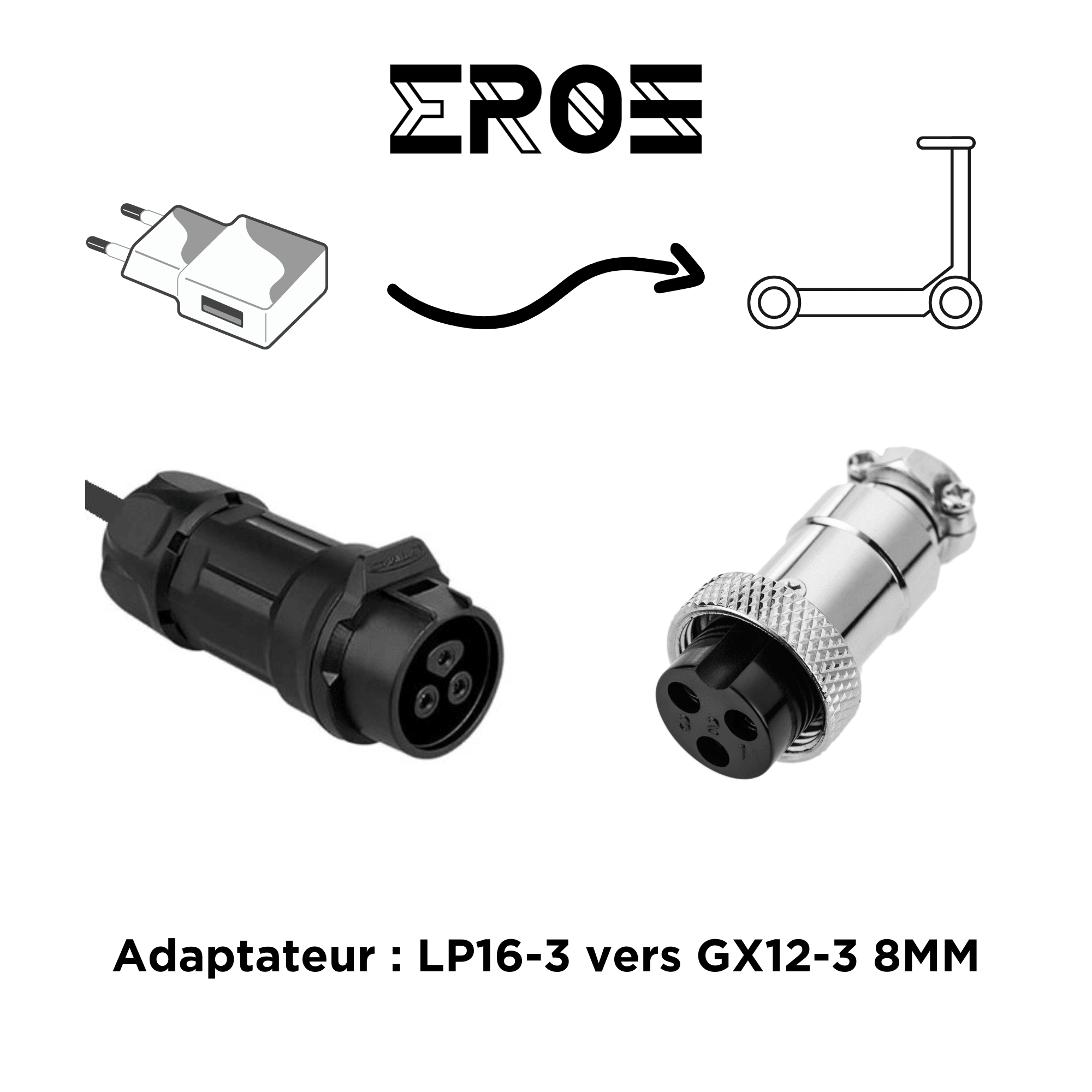 adaptateu chargeur lp16-3 vers gx12-3 8mm