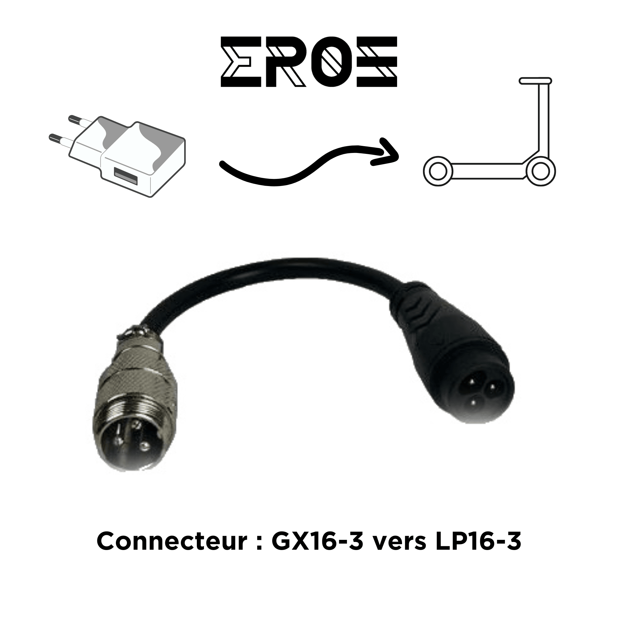 adaptateur eroz chargeur gx16-3 vers lp16-3 pour trottinette electrique.